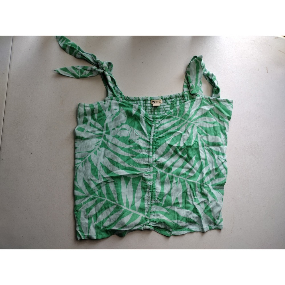 Billabong Tropical Leaf‎ Smocked Tie Strap Tank Top Green White M
